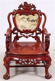 106  CHINESE CARVED HARDWOOD & STONE CHAIR, 20TH C. H 38'', W 25'', D 23''