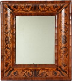 1044  WILLIAM AND MARY STYLE WALNUT AND INLAID CUSHION FRAMED WALL MIRROR, H 22 1/2", L 20"