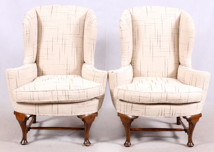 1042  GEORGE III STYLE MAHOGANY WING CHAIRS, PAIR, H 44", W 34", D 33"