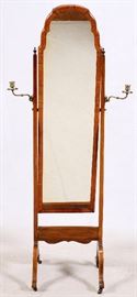 1045  GEORGIAN STYLE MAHOGANY AND BRASS MOUNTED CHEVAL MIRROR, H 63", W 29', D 17" 