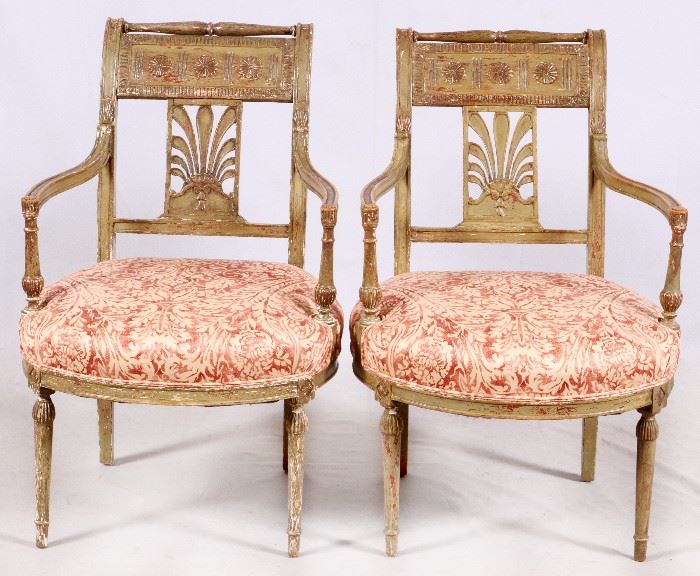 1351  REGENCY STYLE UPHOLSTERED ARMCHAIRS, PAIR, H 33", W 22"