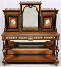 2192  FRENCH, LOUIS XVI EBONY & SEVRES CABINET WITH WRITING DESK 19TH C. H 58", W 53", D 21"