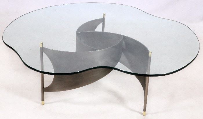 2472  CONTEMPORARY IRREGULAR SHAPED GLASS & STEEL COFFEE TABLE, H 16", W 43", L 44"