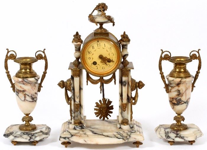 2473  FRENCH MARBLE & DORE BRONZE CLOCK & URN GARNITURE, C. 1880-1900, 3 PIECES, H 9 3/4" TO 14 1/2"