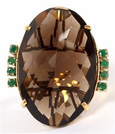 126 - 38CT NATURAL TOPAZ AND EMERALD RING, SIZE 6