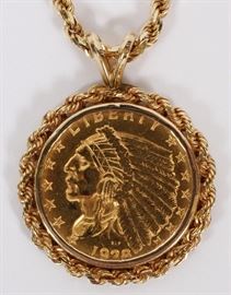 64 - 14K YELLOW GOLD $2.50 GOLD COIN PENDANT & 18" CHAIN 1928, MS-60, 'INDIAN CHIEF WALKING EAGLE'