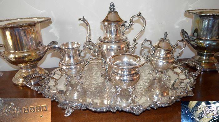 Silverplate tea service (mark on left is on tray, mark on right "silver on copper" is on the teapot & bowls.