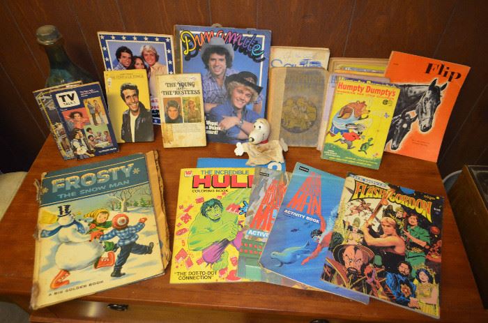 Comic books; children's books - Dukes of Hazard; Happy Days; Frosty The Snowman; Incredible Hulk; Flash Gordon; Flip; etc.