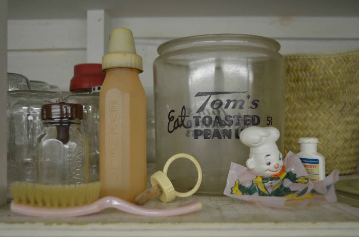 vintage baby bottles; Tom's Roasted Peanut jar