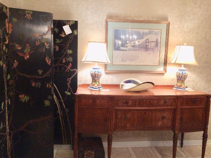           Maitland - Smith  screen / room divider  2 sided hand painted - HongKong       art - "Fallen Gaint" signed by Jon Crane -1981  and numbered  (561/950)   Pair Italy Handpainted Lamps, Murane Venezia Italia "Ferro" Bowl    antique side board 