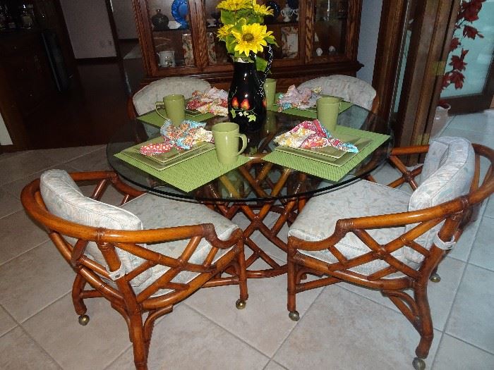 Rattan Glass Top Dining Table with 4 chairs - 48" Round X 29" H