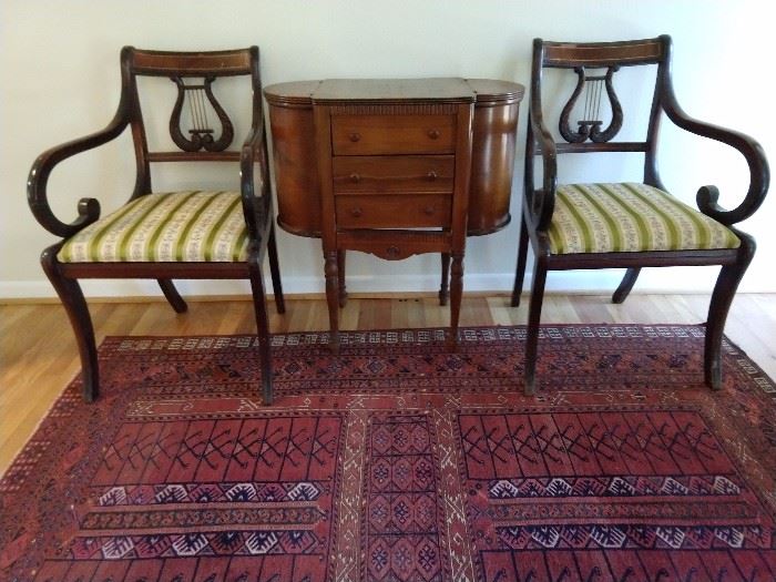 Nice pair of inlaid mahogany, lyre-backed armchairs, with a 3-drawers sewing stand.