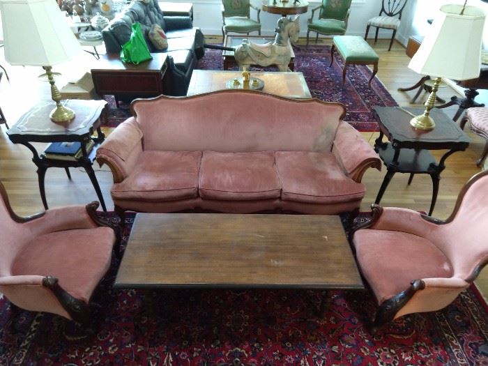 YUCK! I hate Victorian furniture, but here it is - if you want it. A titty pink trio of sofa and pair of chairs that need to be painted and placed in your little princesses' room.