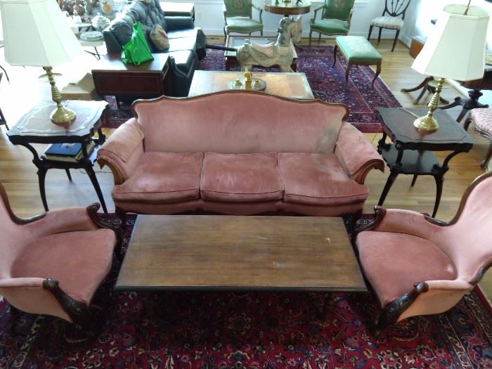 YUCK! I hate Victorian furniture, but here it is - if you want it.                                                                                                           A titty pink trio of sofa and pair of chairs that need to be painted and placed in your little princesses' room.