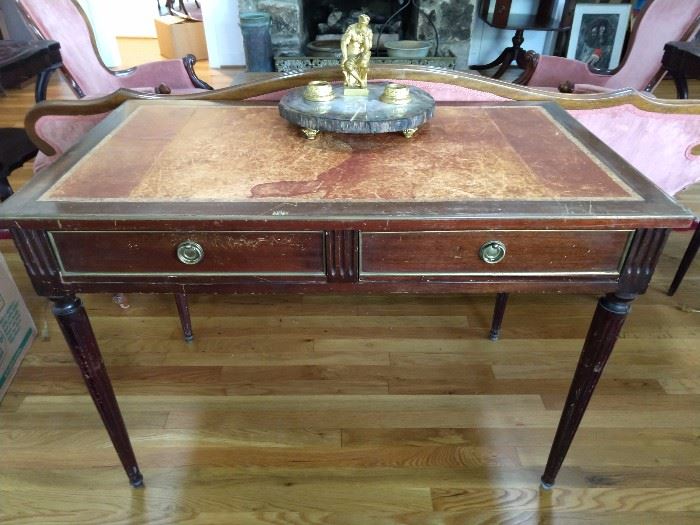 Antique French mahogany 2-drawer writing desk, with tooled leather top.