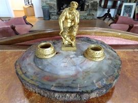 Wonderful bronze dore inkwell, on a polished petrified wood base.