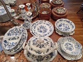 Serving pieces for the 176-piece set of Blue Danube china.