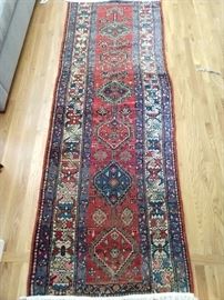 Vintage Persian tribal runner, hand woven, 100% wool face, measures 3' 3" x 11' 4".