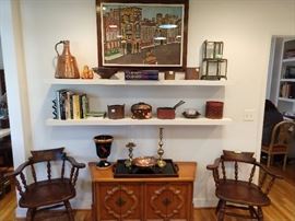 Lovely kitchen vignette - original tempura on paper, by Yugoslavian artist, Century 4-door commode, pair of antique American oak armchairs.