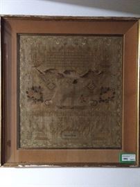 European 1834 sampler, in shadow box frame.