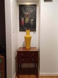 Beautiful Victorian burl wood two drawer chest, yellow porcelain Asian vase, with light blue interior, lorded over by original artwork, from Alfred Aberdam.