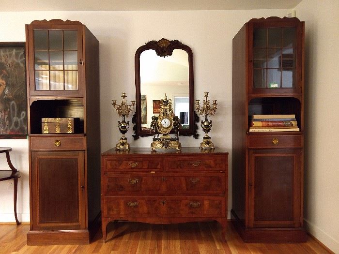 PAIR of Edwardian mahogany library cabinets, 19th century Italian 5-drawer chest, antique mahogany carved mirror and Italian clock set.