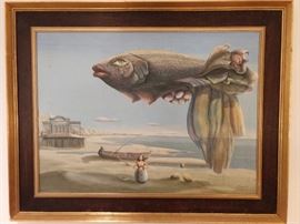 Original oil on board, "Le Poisson de Paques, by Noel Dumolard, 1925-.