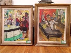 Original pastel & oil on canvas, "Barman" & "Barwoman" by David Azuz, (Israel) 1941-.