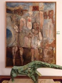 Original oil on canvas, (Israel) by Harold Rubin, 1932-. MCM 1960's bronze on white marble slab, from Argentina.