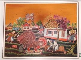 Original oil on canvas, "The Village in Spring" by Florika Puja, 1920-1995, Yugoslavia.