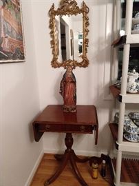 1940's mahogany drop-leaf table, antique 18th century polychrome Virgin Mary figure, vintage wooden mirror, furniture cleaning products...