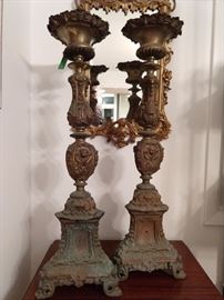Gorgeous brass Christian church pillar candle stands, with perfect patina!