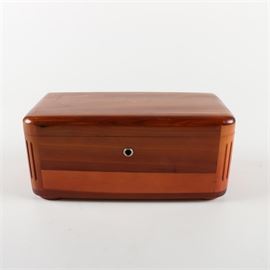 Lane Miniature Box Presented by Terryville Furniture Store: A miniature cedar box by Lane Cedar Chests, Altavista, Virginia, and presented by Terryville Furniture Store. Small cedar wood trinket box with brass hinges and a locking mechanism to the front. Impressed Lane and Terryville Furniture Store marks are present to the interior of the lid.