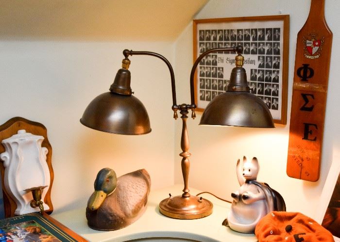 Double Arm Desk Lamp, Duck Decoy, Vintage Pottery, Fraternity Paddle & Photo