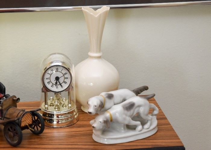 Porcelain Figurines, Pottery Vase, Domed Desk Clock