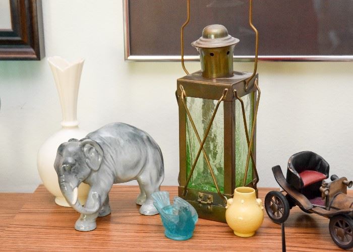 Brass Candle Lantern, Elephant Figurine, Pottery, Vintage Blue Glass Bird Salt Cellar