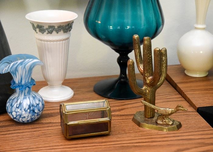 Brass Cactus & Roadrunner Figurine, Trinket Box, Blue Art Glass Vase