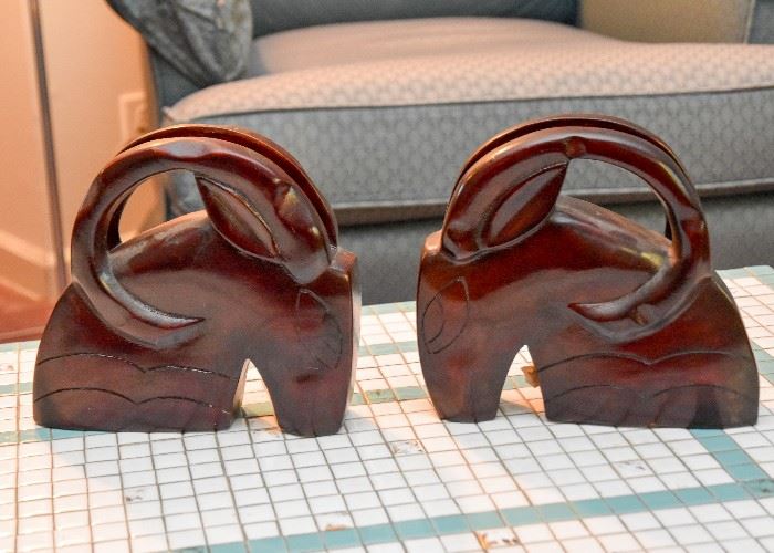 Wood Carved Ram Head Bookends