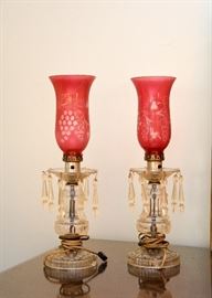 Vintage Crystal Table Lamps with Etched Glass Hurricane Shades