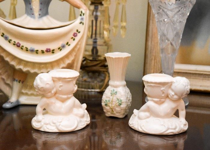 Belleek Vase, Candlestick Holders