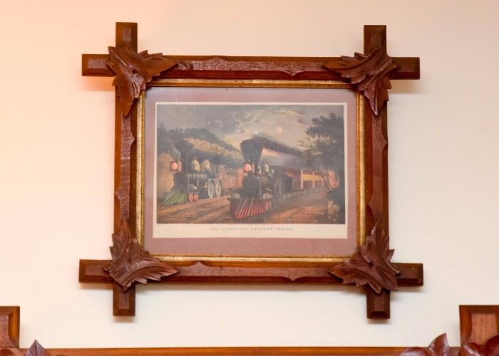 Black Forest Wood Carved Frame with Train Print