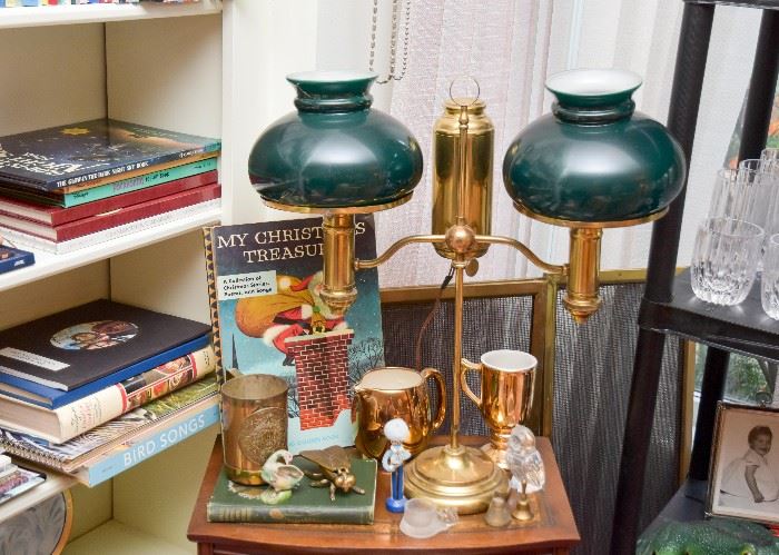 Brass Double-Arm Table Lamp with Green Glass Shades