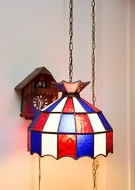 Vintage Red, White & Blue Stained Glass Swag Lamp