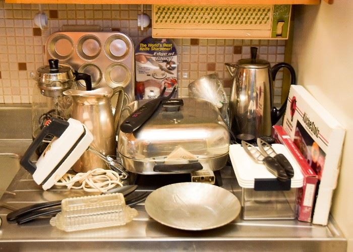 Small Kitchen Appliances, Hand Mixer, Percolators, Baking Pans, Utensils, Electric Pan, Aluminum Pitcher, Etc.