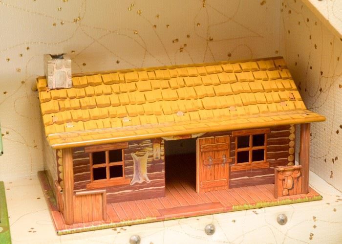 Vintage Tin Litho Log Cabin / Ranch Playset Toy