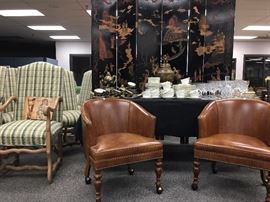 Barrel Back Leather Armchairs, 