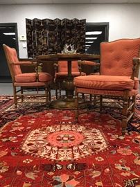 Octagonal Adjustable Height Pedestal Table from Old Colony Furniture Company, Persian Wool Rug, French Country Style Arm Chairs from Trouvilles 
