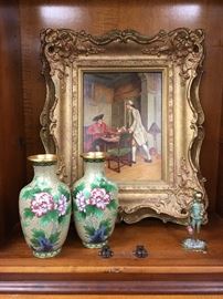 Jin Fa Cloisonne Vases, J.D. Aylward Painting 
