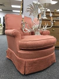 Pair of Upholstered Armchairs, Vintage Pineapple Light Fixture 