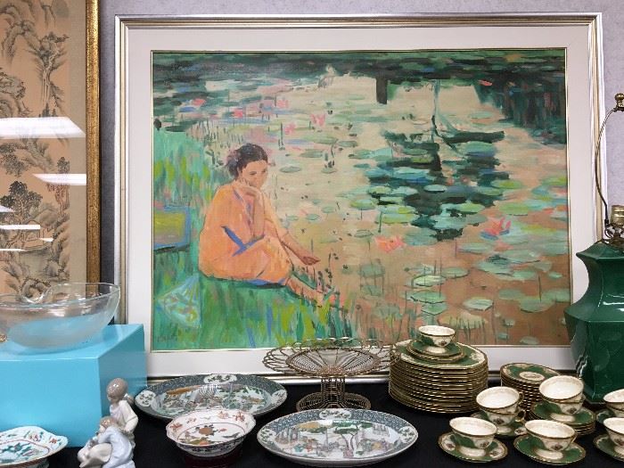 Pang Jen, Award Winning Chinese Artist, Original Oil, Chinese Export Pottery, Tiffany Glass Bowl (signed), Lladro